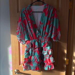 Vibrant Leaf Patterned Ruffle Dress